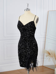Homecoming Dresses Tight, Sheath Velvet Sequins V-neck Feathers/Fur Short/Mini Dress