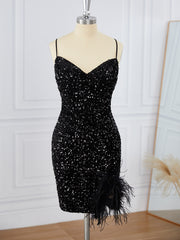 Homecoming Dresses Laces, Sheath Velvet Sequins V-neck Feathers/Fur Short/Mini Dress