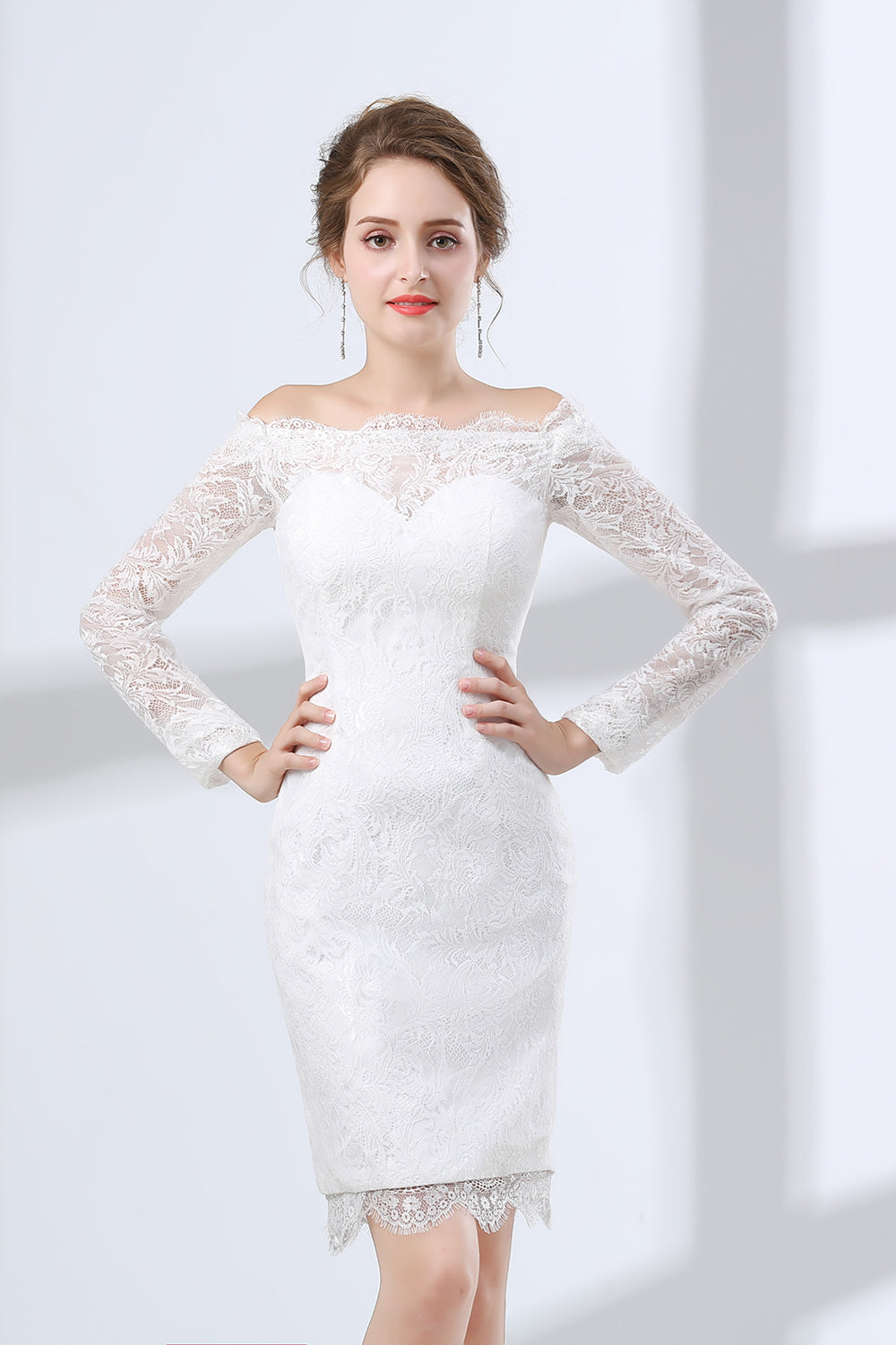 Evening Dress Stunning, Sheath White Lace Off The Shoulder Long Sleeve Prom Dresses