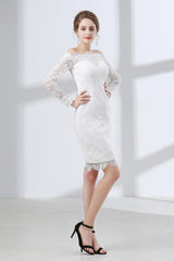Evening Dress For Party, Sheath White Lace Off The Shoulder Long Sleeve Prom Dresses