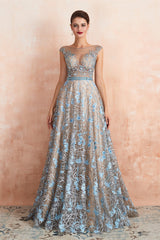 Prom Dresses Princesses, Sheer A-Line Lace Sequin Jewel Long Prom Dresses with Crystals