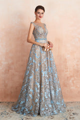 Prom Dress Princess, Sheer A-Line Lace Sequin Jewel Long Prom Dresses with Crystals