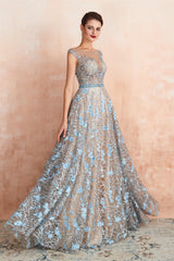 Prom Dress Princesses, Sheer A-Line Lace Sequin Jewel Long Prom Dresses with Crystals