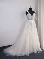 Wedding Dress Sleevs, Shinny Long A-Line V-Neck Backless Sequins Wedding Dresses