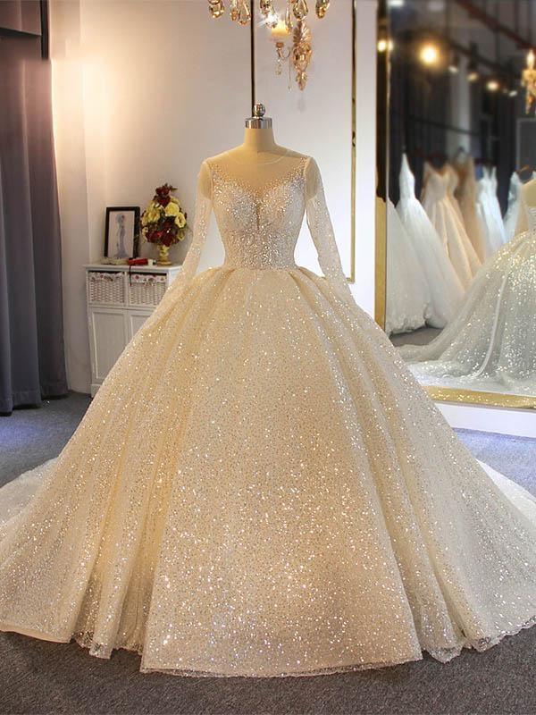 Wedding Dresses White, Shinny Long Ball Gown Sweetheart Sparkling Wedding Dresses with Sleeves