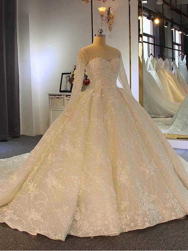 Weddings Dresses Lace, Shinny Long Ball Gown Sweetheart Tulle Lace Wedding Dresses with Sleeves