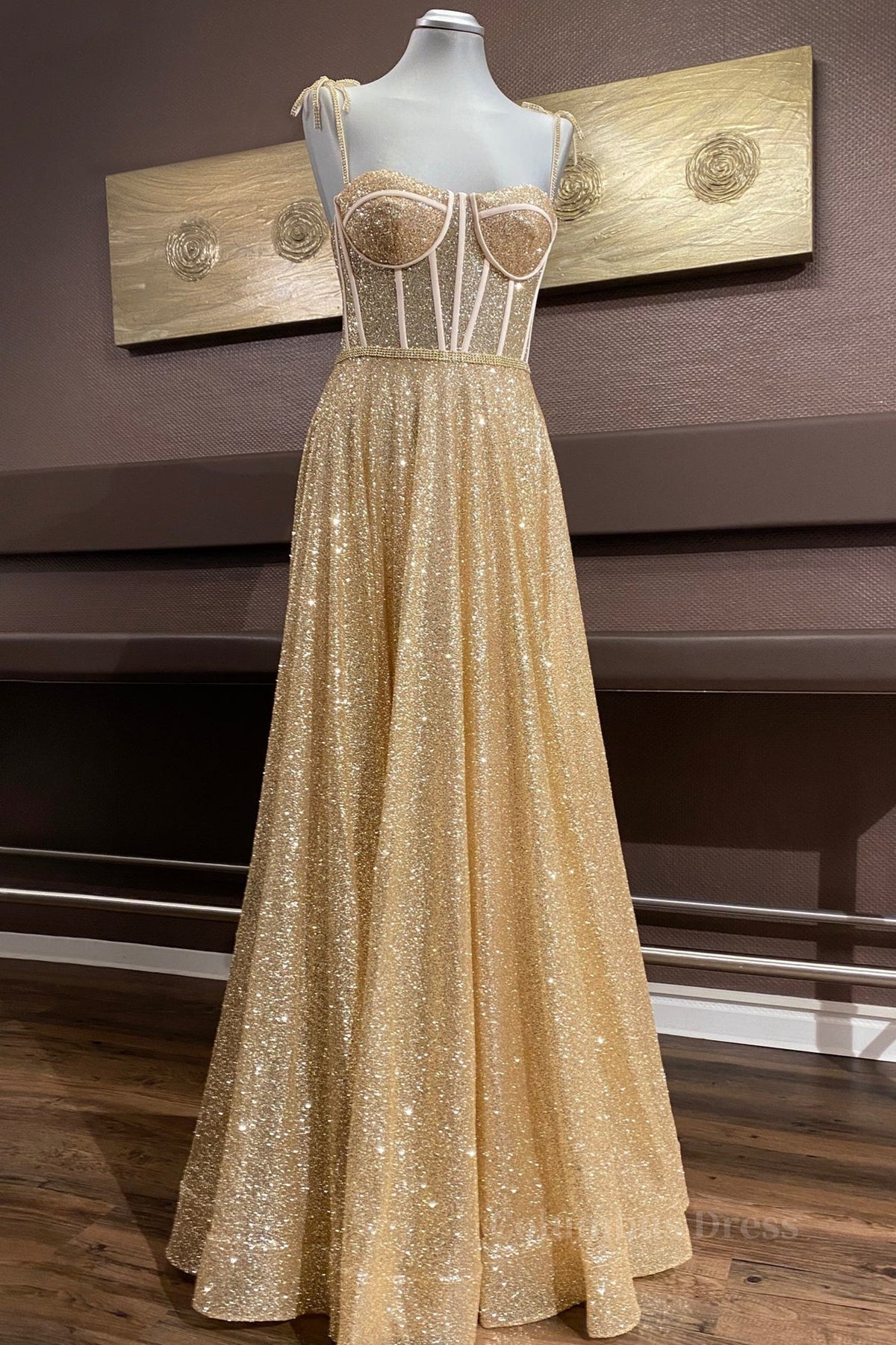 Bridesmaid Dress With Sleeve, Shiny A Line Spaghetti Straps Gold Prom Dresses Long, Sweetheart Neck Golden Formal Dresses, Gold Tulle Evening Dresses WT1856