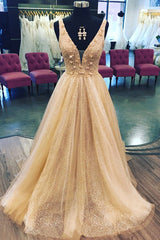 Wedding Dress A Line, Shiny A Line V Neck Champagne Floral Sequin Long Tulle Prom Dress,Wedding Party Dresses