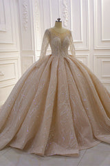 Weddings Dresses Online, Shiny Ball Gown Tulle Jewel Long Sleevess Ruffless Wedding Dress