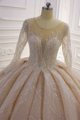 Weddings Dress Online, Shiny Ball Gown Tulle Jewel Long Sleevess Ruffless Wedding Dress