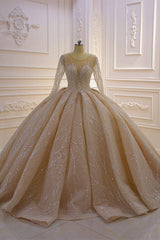 Weddings Dresses Simple, Shiny Ball Gown Tulle Jewel Long Sleevess Ruffless Wedding Dress