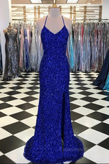 Bridesmaid Dresses In Store, Shiny Blue Sequins Mermaid Backless Long Prom Dress with High Slit, Mermaid Blue Formal Dress, Blue Evening Dress