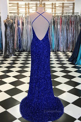 Bridesmaid Dresses Custom, Shiny Blue Sequins Mermaid Backless Long Prom Dress with High Slit, Mermaid Blue Formal Dress, Blue Evening Dress