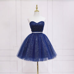 Bridesmaid Dresses 2032, Shiny Blue Tulle Sweetheart Homecoming Dress Party Dress, Navy Blue Short Prom Dress