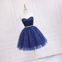 Bridesmaid Dress 2039, Shiny Blue Tulle Sweetheart Homecoming Dress Party Dress, Navy Blue Short Prom Dress
