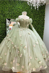 Casual Dress, Shiny Light Sage Green Princess Dress with Flowers¡ê?Light Sage Green Ball Gown,Sweet 16 Dress