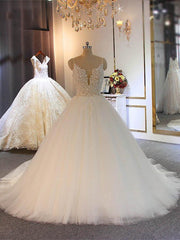 Wed Dress Lace, Shiny Long Ball Gown Sweetheart Spaghetti Strap Lace Tulle Wedding Dresses