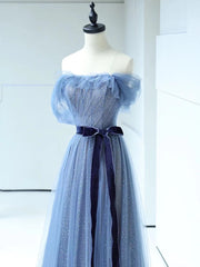 Bridesmaid Dress Designer, Shiny Off the Shoulder Blue Tulle Prom Dresses, Blue Long Formal Evening Dresses