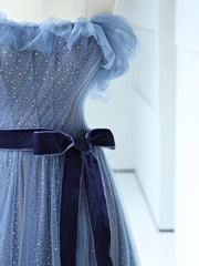 Bridesmaid Dress Design, Shiny Off the Shoulder Blue Tulle Prom Dresses, Blue Long Formal Evening Dresses