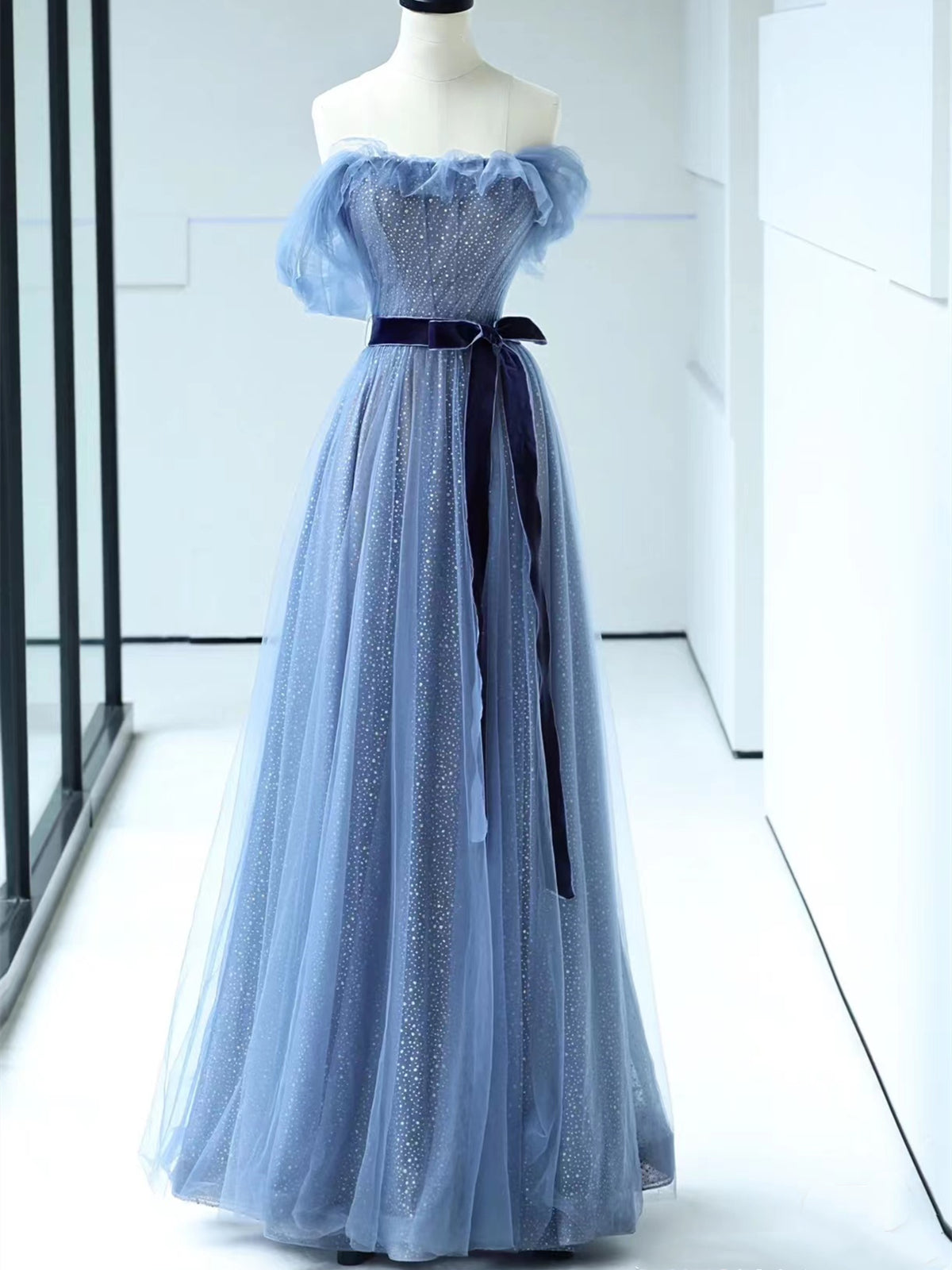 Bridesmaid Dresses Designs, Shiny Off the Shoulder Blue Tulle Prom Dresses, Blue Long Formal Evening Dresses