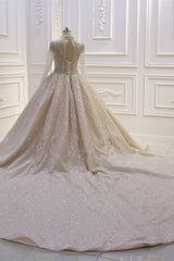 Wedding Dress Vintage Style, Shiny Sequined Long Sleevess Pleats Champange Wedding Dress