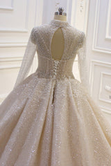 Wedding Dress , Shiny Sequined Long Sleevess Pleats Champange Wedding Dress