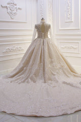 Wed Dress Lace, Shiny Sequined Long Sleevess Pleats Champange Wedding Dress