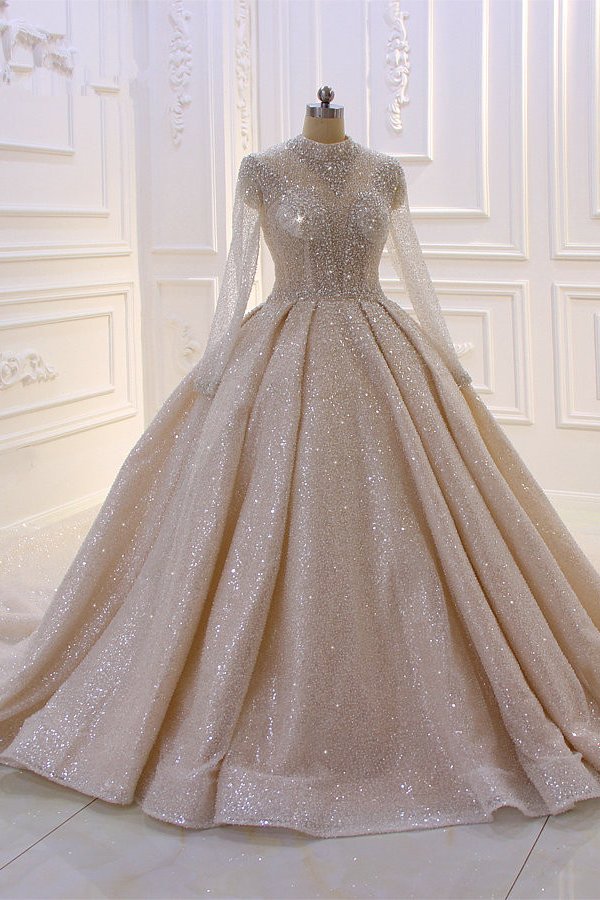 Wedding Dresses Vintage Style, Shiny Sequined Long Sleevess Pleats Champange Wedding Dress