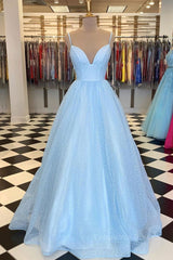 Formal Dresses For Fall Wedding, Shiny Sequins V Neck Blue Long Prom Dress, Sparkly Blue Formal Graduation Evening Dress