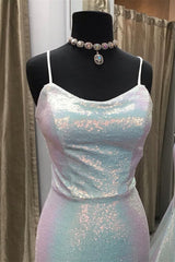 Prom Dress A Line Prom Dress, Shiny Spaghetti Straps Mermaid Sequin Long Prom Dresses