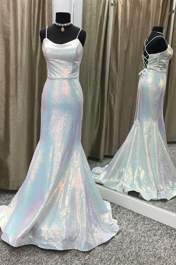 Prom Dresses Fitted, Shiny Spaghetti Straps Mermaid Sequin Long Prom Dresses
