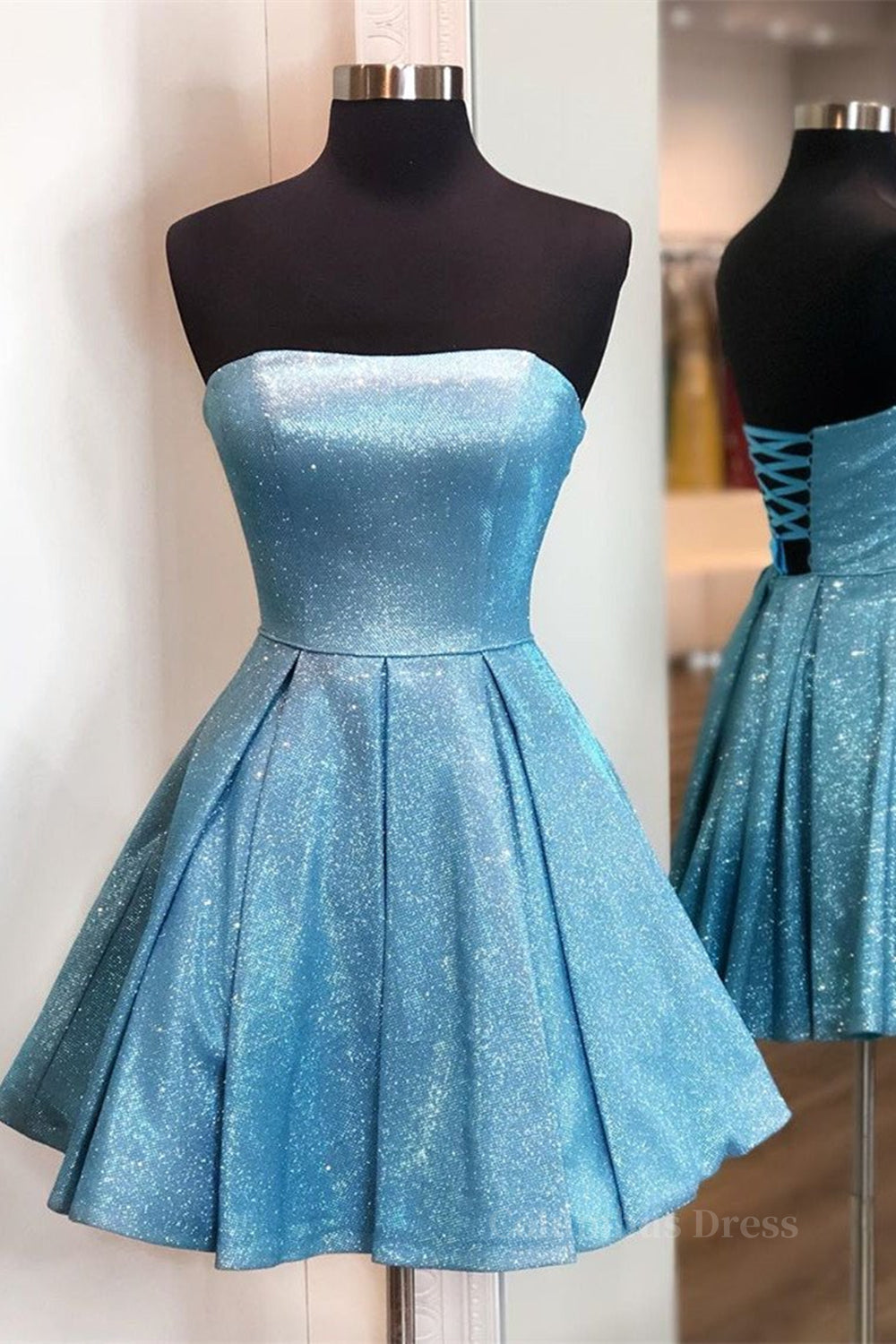 Classy Outfit Women, Shiny Strapless Blue Short Prom Dresses, Open Back Blue Homecoming Dresses, Blue Formal Evening Dresses