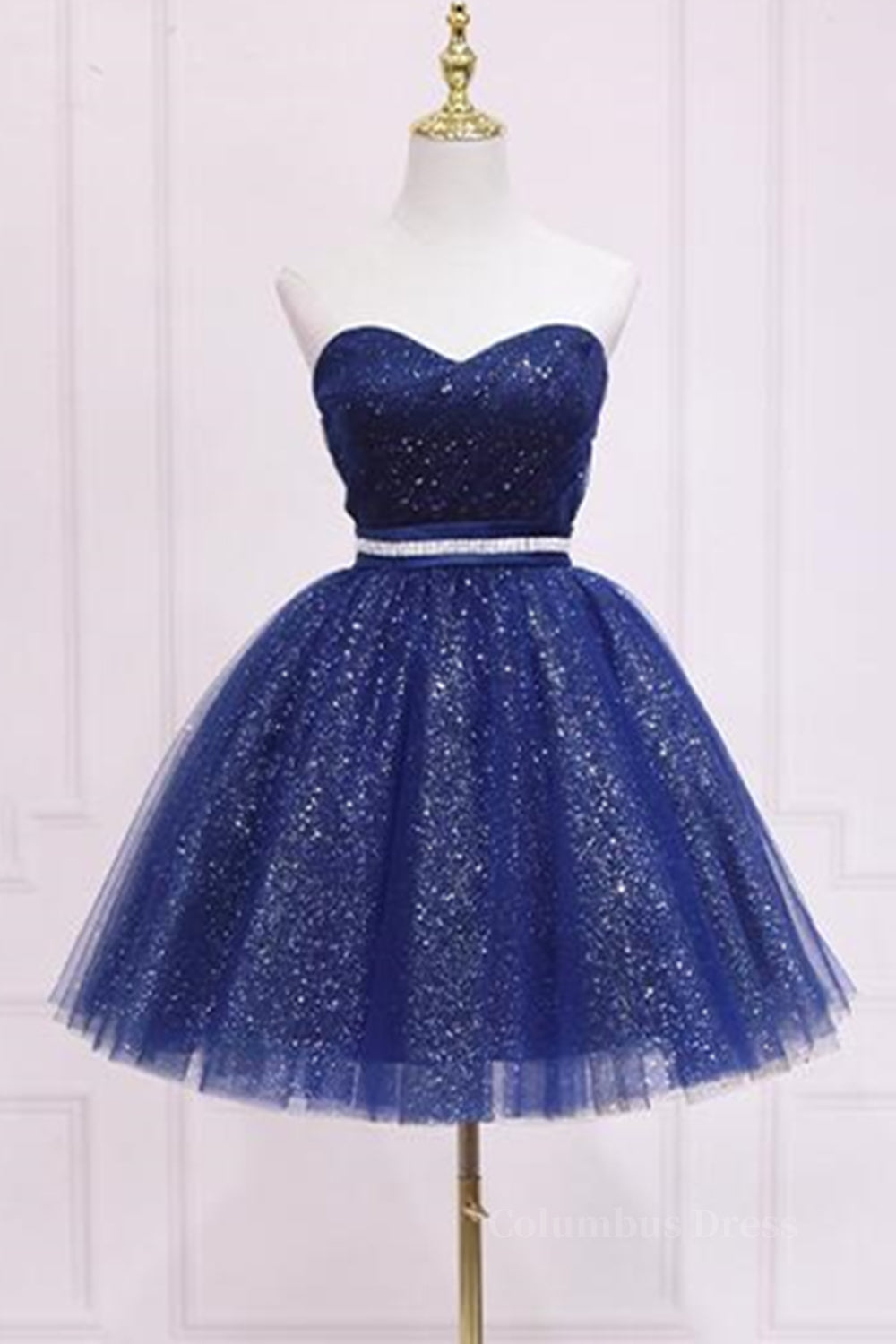 Evening Dresses 2029, Shiny Strapless Sweetheart Neck Blue Short Prom Homecoming Dress with Belt, Sparkly Blue Formal Evening Dress
