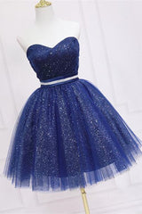 Evening Dress Princess, Shiny Strapless Sweetheart Neck Blue Short Prom Homecoming Dress with Belt, Sparkly Blue Formal Evening Dress
