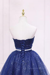Evening Dress Long Elegant, Shiny Strapless Sweetheart Neck Blue Short Prom Homecoming Dress with Belt, Sparkly Blue Formal Evening Dress