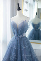 Bridesmaid Dresses Tulle, Shiny Tulle V Neck Blue Long Prom Dress, Blue Tulle Formal Evening Dress, Blue Ball Gown