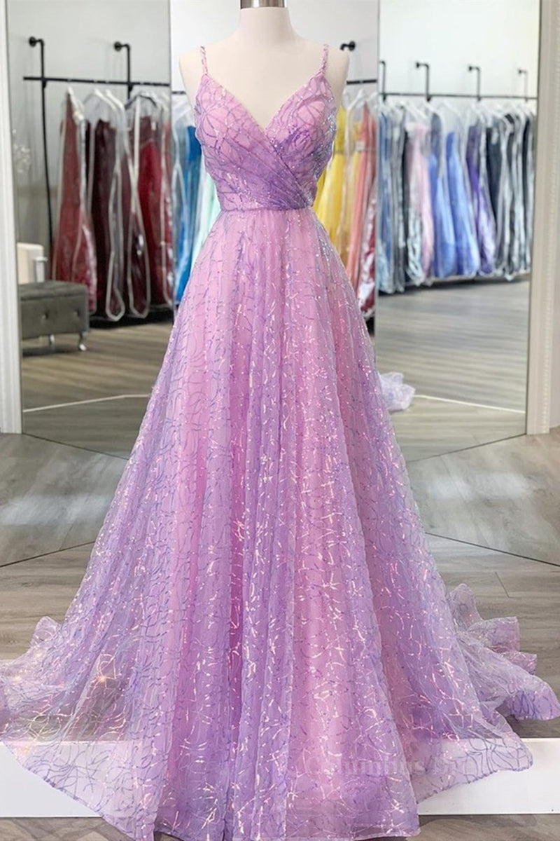 Elegant Gown, Shiny V Neck Backless Long Purple Prom Dress, Backless Lilac Formal Graduation Evening Dress