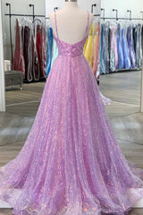Flowy Prom Dress, Shiny V Neck Backless Long Purple Prom Dress, Backless Lilac Formal Graduation Evening Dress