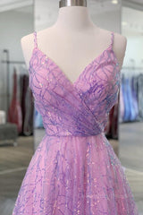 Dream Dress, Shiny V Neck Backless Long Purple Prom Dress, Backless Lilac Formal Graduation Evening Dress