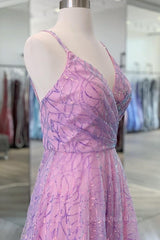 Elegant Dress For Women, Shiny V Neck Backless Long Purple Prom Dress, Backless Lilac Formal Graduation Evening Dress