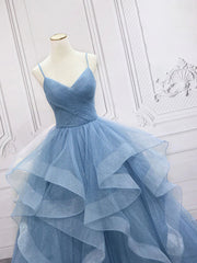 Party Dresses Shops, Shiny V Neck Blue Prom Dresses, Shiny V Neck Blue Formal Evening Dresses