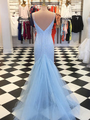 Formal Dresses Elegant, Shiny V Neck Mermaid Blue Prom Dresses, V Neck Blue Mermaid Formal Evening Dresses