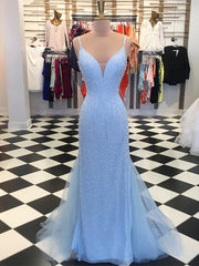 Formal Dresses Gowns, Shiny V Neck Mermaid Blue Prom Dresses, V Neck Blue Mermaid Formal Evening Dresses