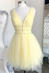 Girl Dress, Shiny V Neck Open Back Yellow Tulle Short Prom Dress, V Neck Yellow Formal Graduation Homecoming Dress