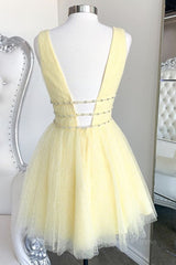 Vacation Dress, Shiny V Neck Open Back Yellow Tulle Short Prom Dress, V Neck Yellow Formal Graduation Homecoming Dress