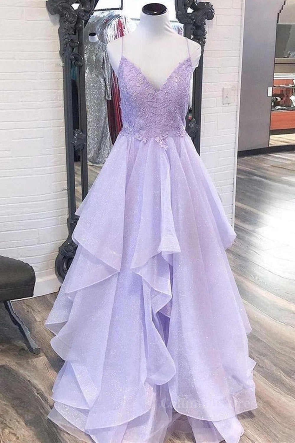 Cute Dress Outfit, Shiny V Neck Purple Lace Long Prom Dresses, Purple Lace Formal Evening Dresses, Purple Ball Gown