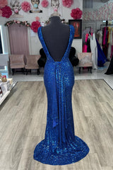 Party Dress Renswoude, Royal Blue Plunging V Neck Sequins Mermaid Long Prom Dress