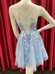 Bridesmaid Dress For Girls, Short Backless Blue Lace Prom Dresses, Short Open Back Blue Lace Formal Homecoming Dresses
