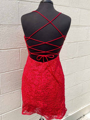 Bridesmaid Dress Dark, Short Backless Red Lace Prom Dresses, Open Back Short Red Lace Formal Homecoming Dresses