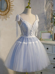 Party Dress Look, Short Blue Lace Prom Dresses, Short Blue lace Formal Homecoming Dresses